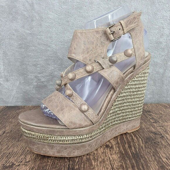 Balenciaga Arena Espadrille Wedges Sandals 10 Taupe Grey Studded Leather Raffia - Picture 1 of 16
